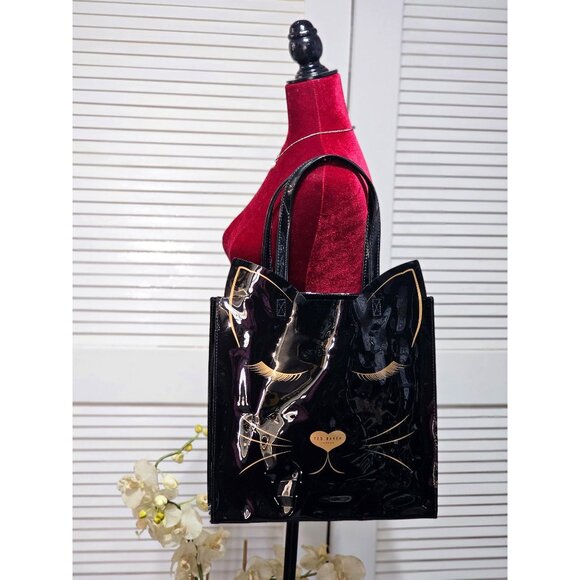 NWT Ted Baker Women's Black Patent Leather Feline Cat-Shaped Icon Tote Bag 391 - Picture 3 of 12